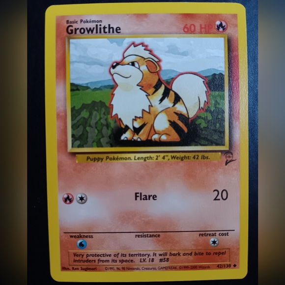 Growlithe Pokemon Card - Base Set 2 - NO. 42/130 Uncommon Non-Holo - Picture 1 of 9